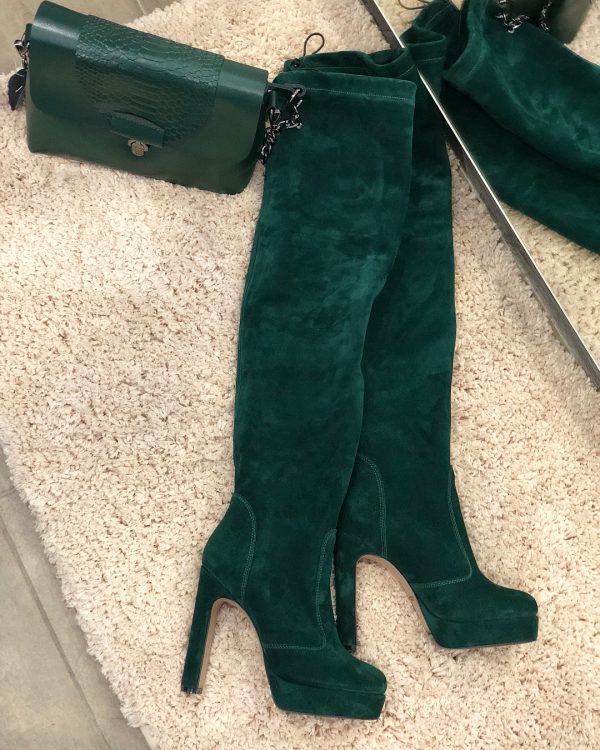 VN Женские сапоги зимние замшевые темно-зеленые на высоком каблуке (1)