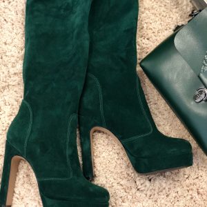 VN Женские сапоги зимние замшевые темно-зеленые на высоком каблуке